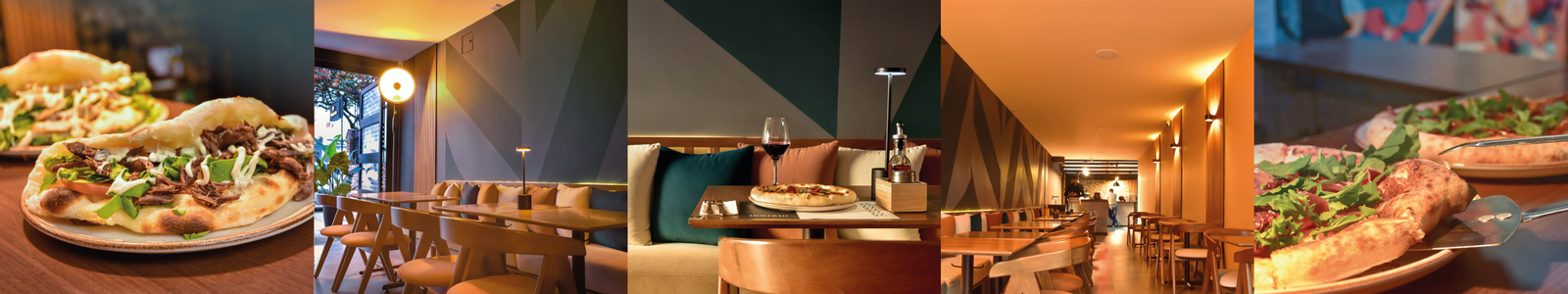 Banner combinado del restaurante INDIZIO que muestra: a la izquierda, dos panuozos con carne desmechada y rúcula; al centro, imágenes del diseño interior del restaurante con mesas de madera, iluminación cálida y detalles geométricos en las paredes, incluyendo una mesa con una copa de vino y una pizza; a la derecha, otra vista de una pizza recién servida. Esta composición destaca la oferta gastronómica y el ambiente acogedor del local.