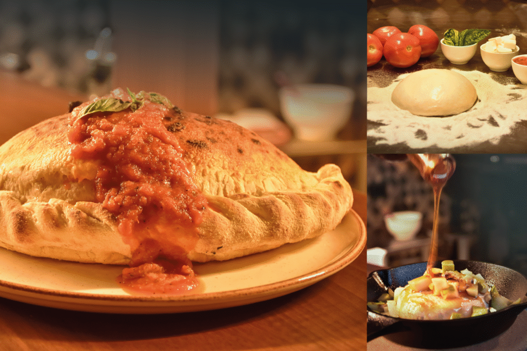 Montaje fotográfico culinario que combina tres elementos: a la izquierda, un calzone napolitano recién horneado cubierto con salsa artesanal pomodoro sobre un plato; en el cuadrante superior derecho, la masa de pizza e ingredientes frescos (tomates cherry, albahaca) para la preparación; en el cuadrante inferior derecho, un brie al forno flambeado con caramelo. Fotografías de alta cocina del restaurante INDIZIO.