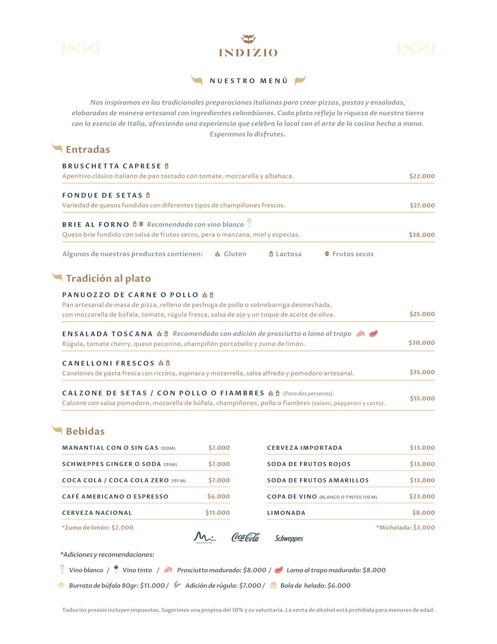 Menú de indizio con su oferta gastronómica y de bebidas.