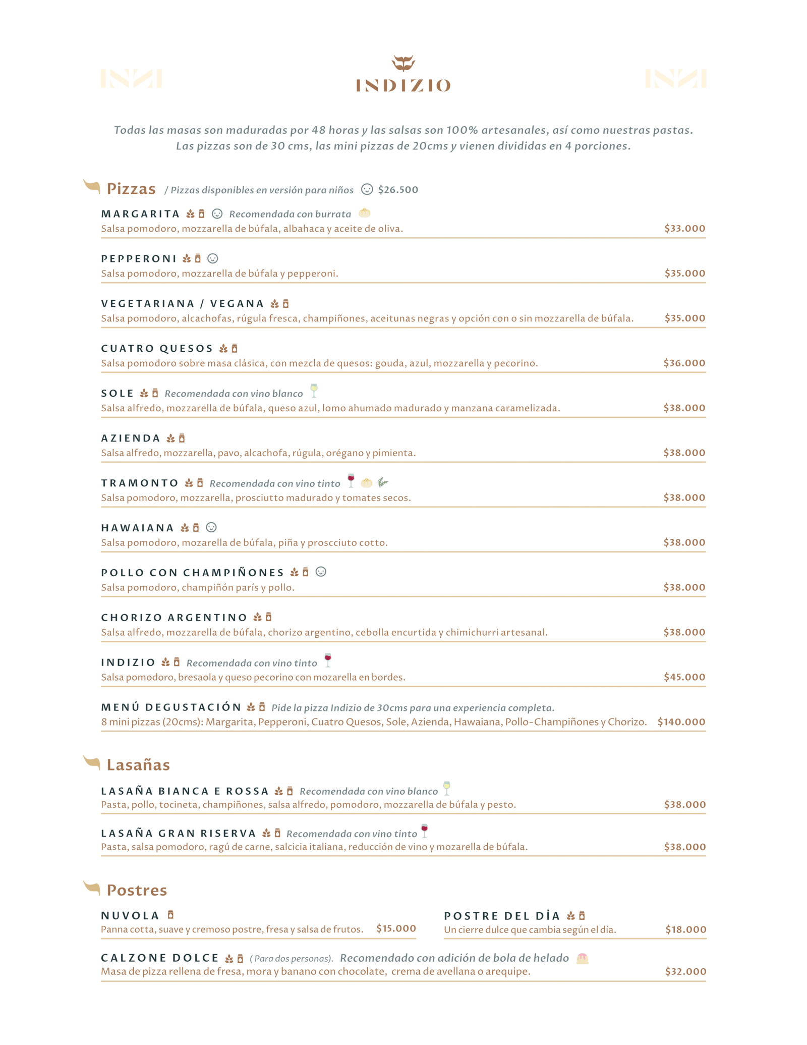 Menú de indizio con su oferta gastronómica y de bebidas.