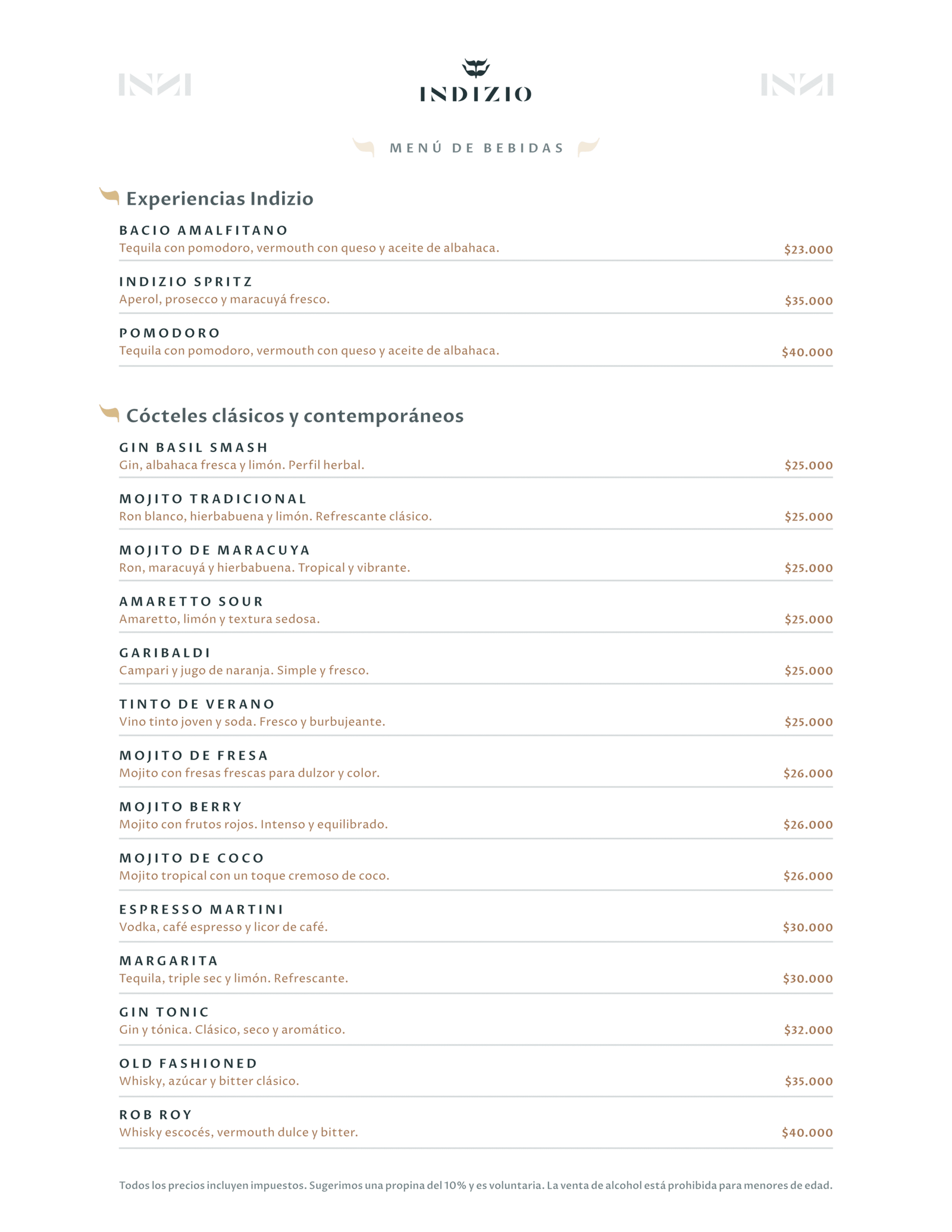 Menú de Indizio con su oferta de bebidas, cócteles, jugos naturales y mocktails.