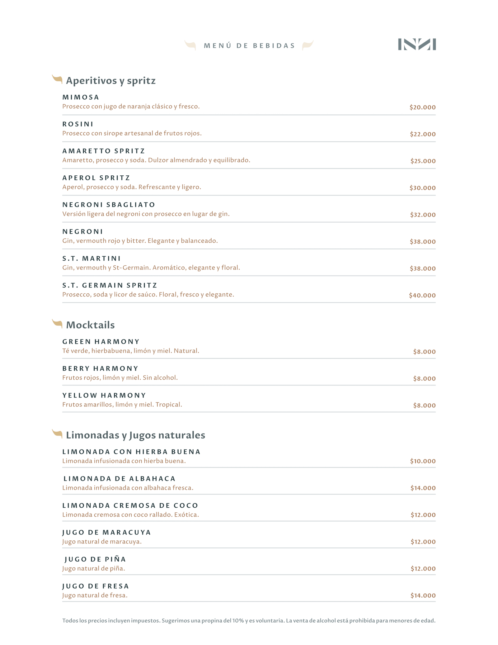 Menú de indizio con su oferta gastronómica y de bebidas.